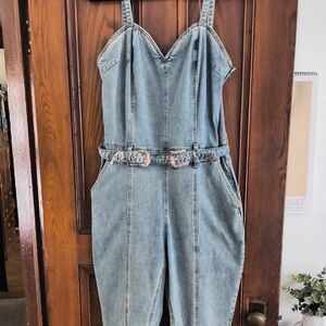 Blue Denim Overalls with Spaghetti Straps and Fitted Bodice